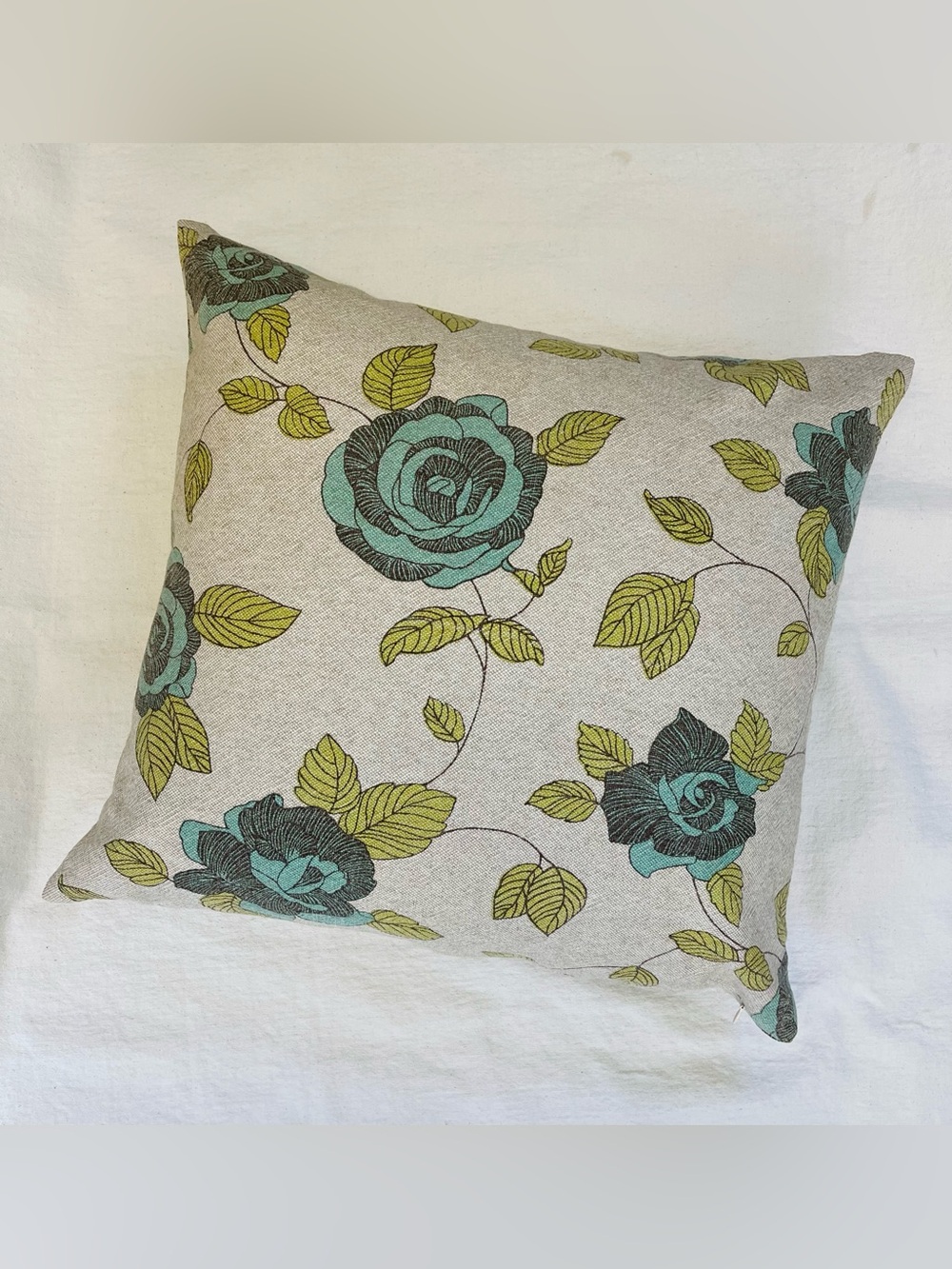 Linen Blend Decor Throw Pillow Lime Aqua Teal Flower
